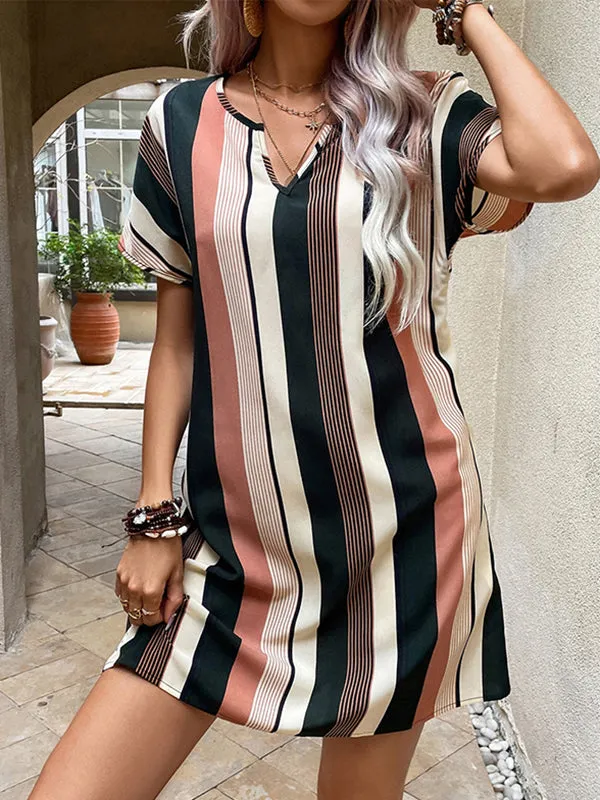 A-Line High Waisted Striped V-Neck Mini Dresses