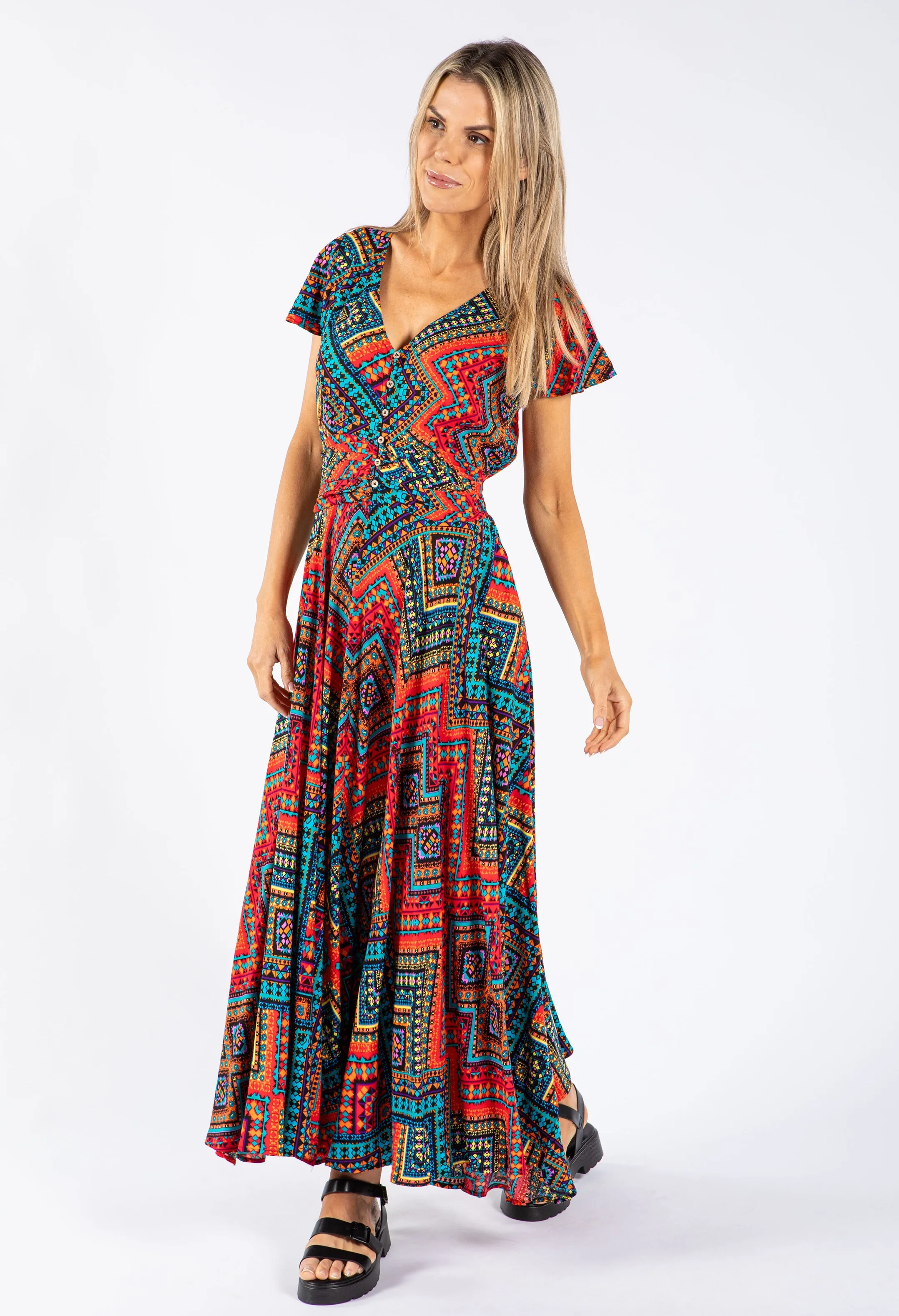 Aztec Print V Neckline Dress