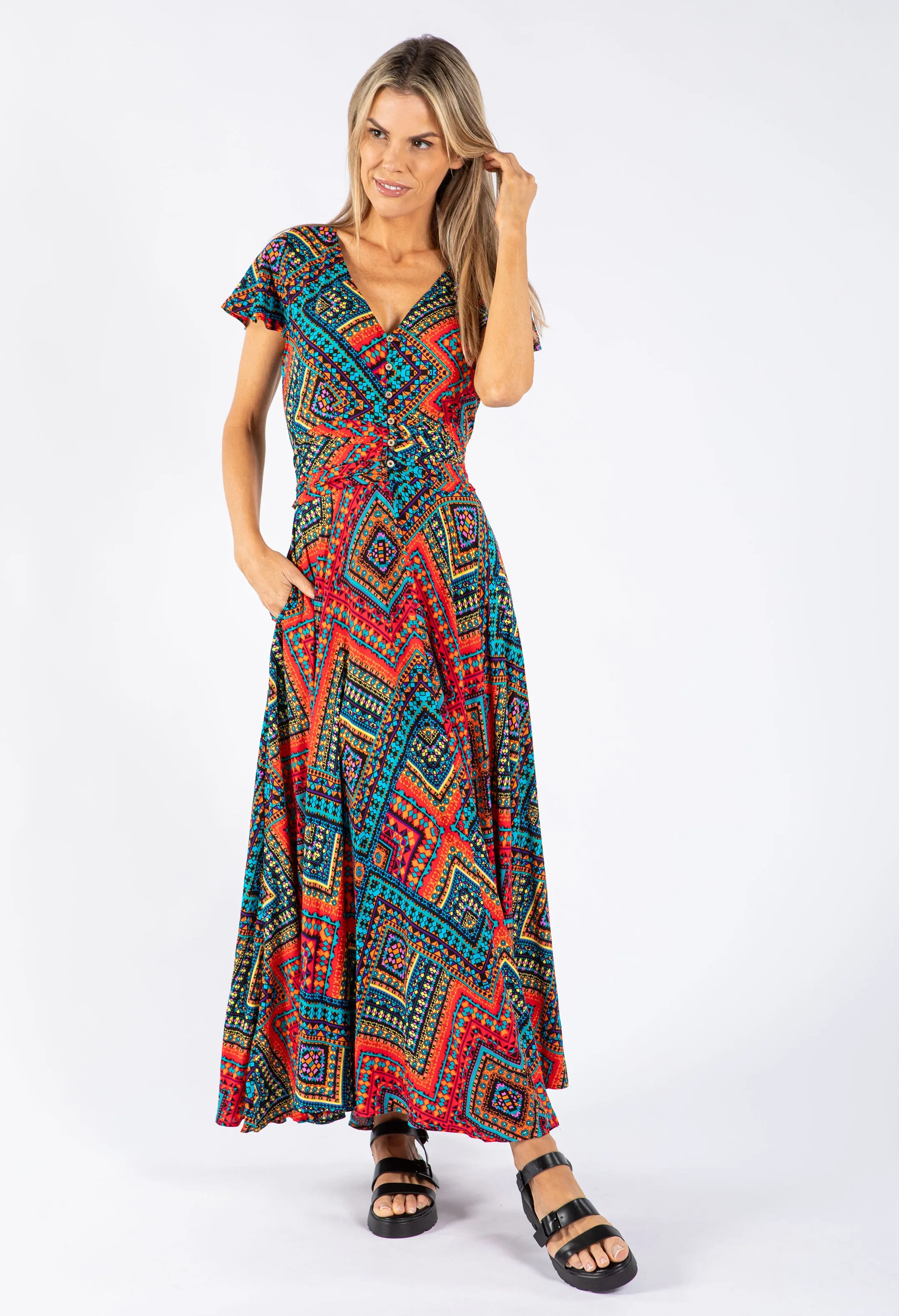 Aztec Print V Neckline Dress