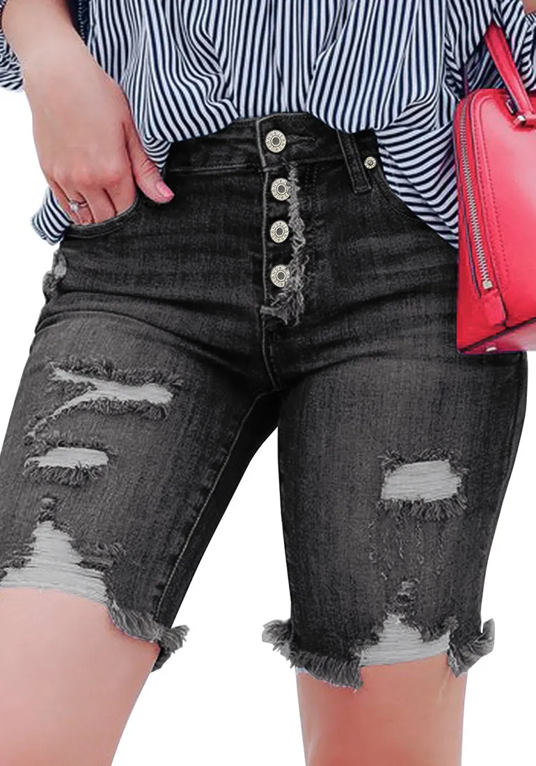 Black Frayed Hem Ripped Button-Up Denim Bermuda Shorts