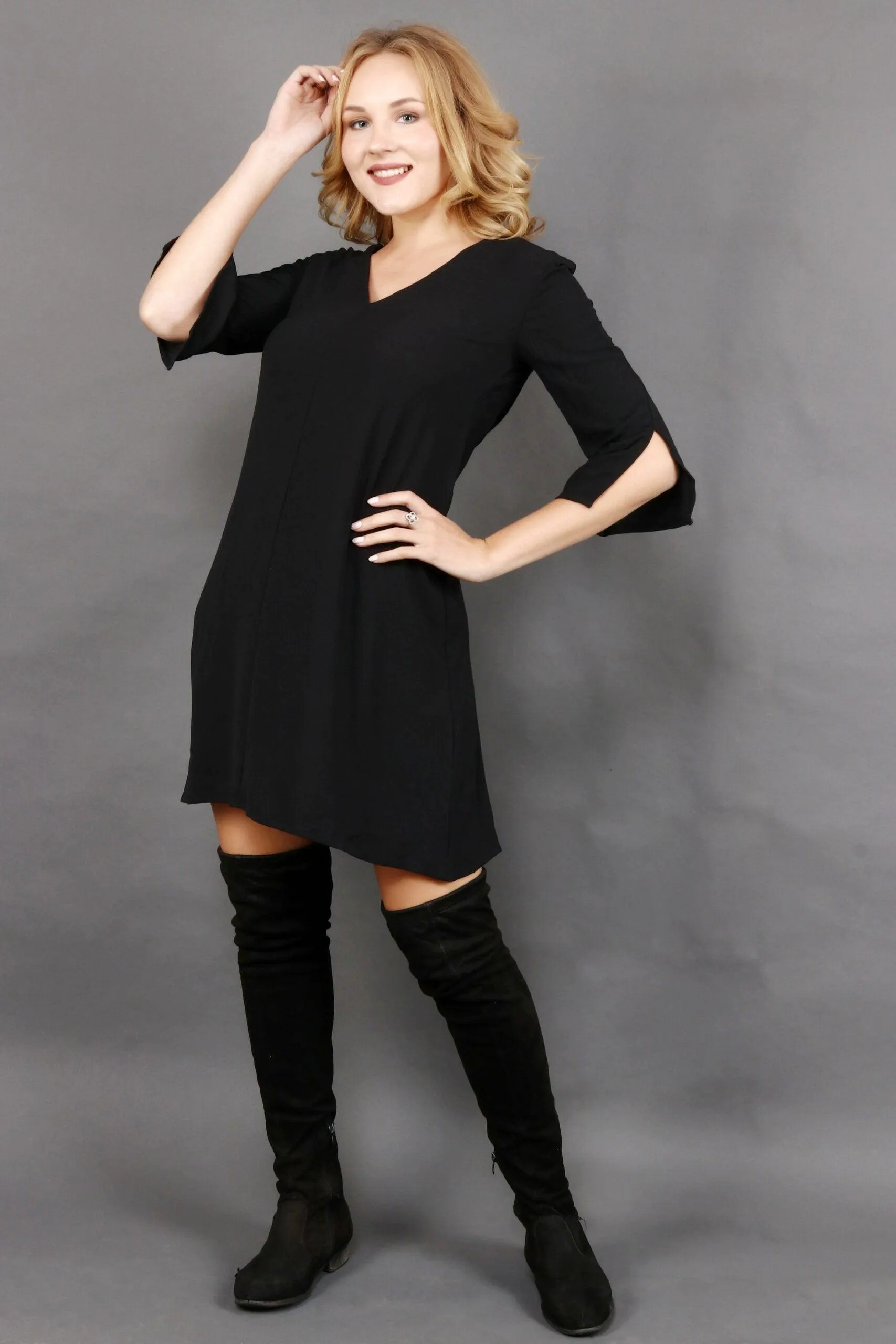 Black Solid Midi Dress