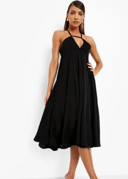 Black Strappy Back Pleated Midi Skater Dress