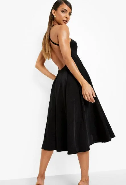 Black Strappy Back Pleated Midi Skater Dress