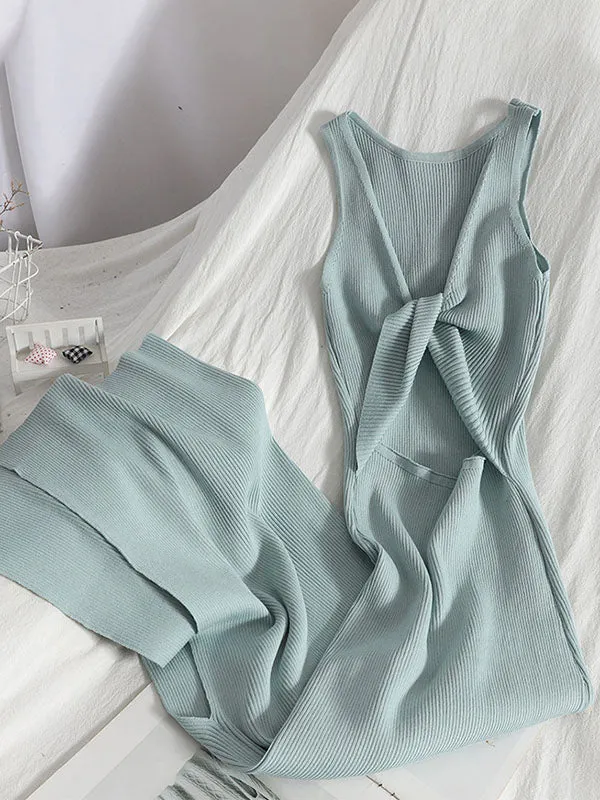 Bodycon Sleeveless Bowknot Hollow Solid Color Midi Dresses