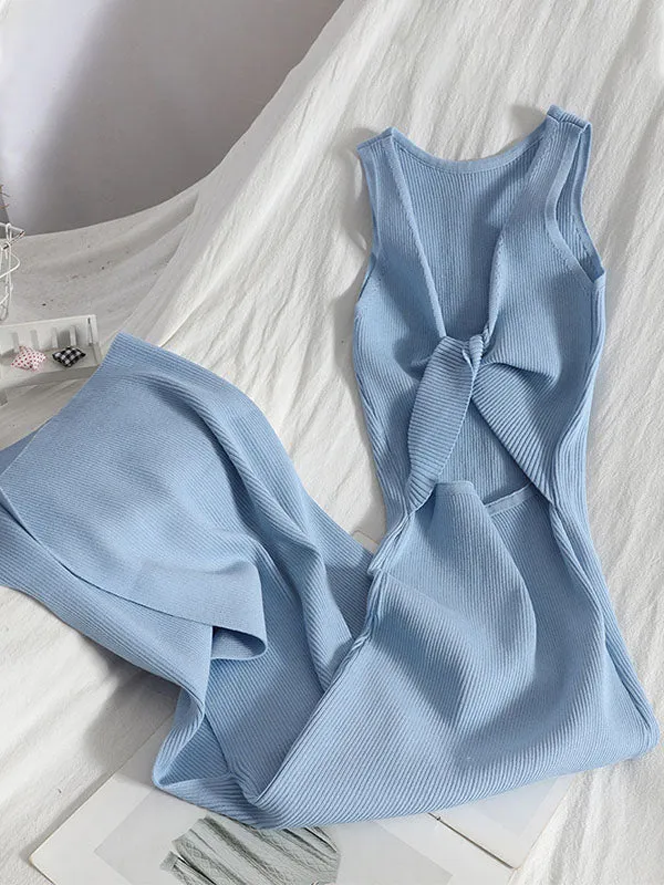 Bodycon Sleeveless Bowknot Hollow Solid Color Midi Dresses