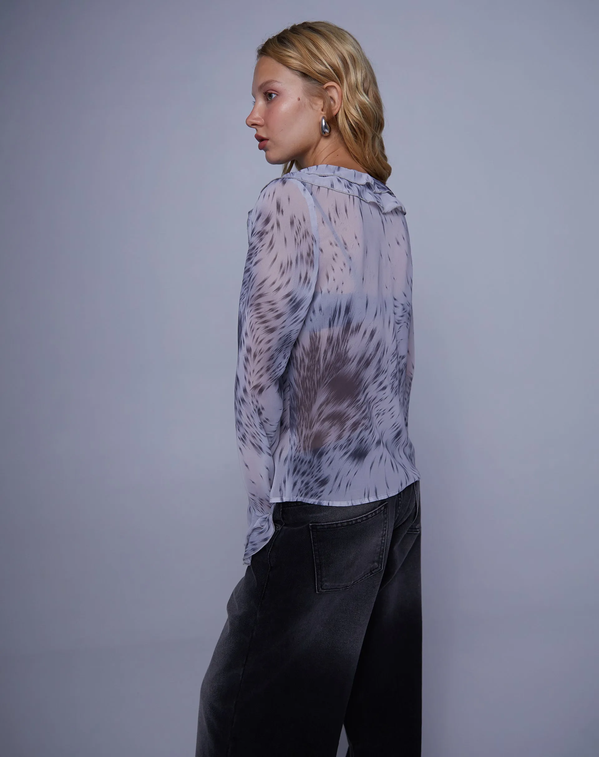 Cecelia Ruffle Detail Blouse in Distorted Animal Print