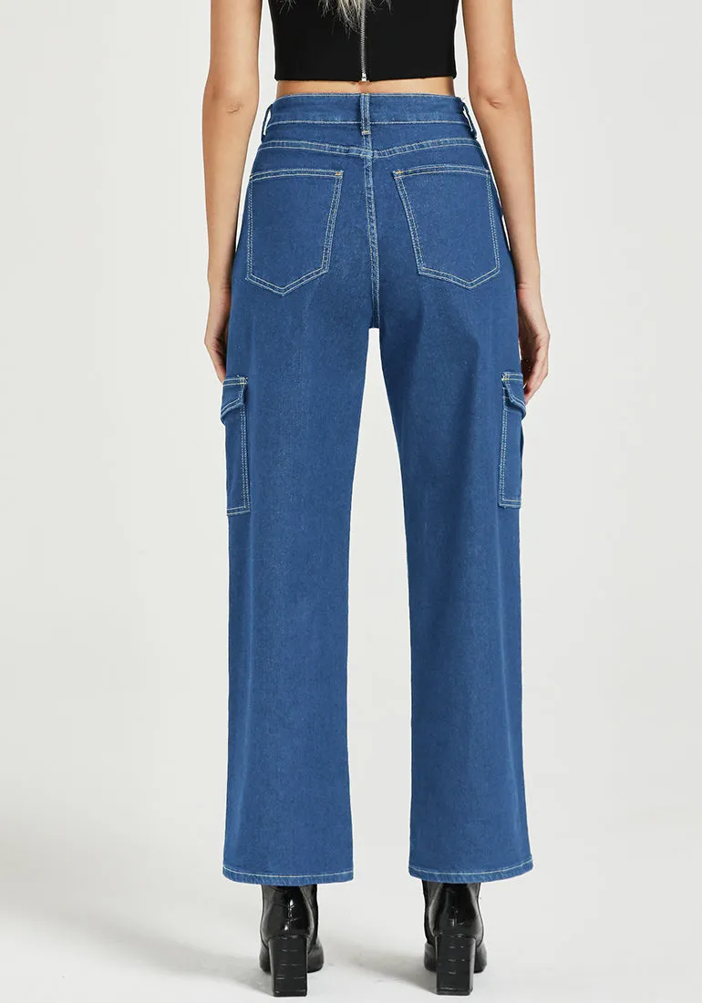 Classic Blue Women's Cargo Denim Relaxed Fit Y2K Wide Leg Pants