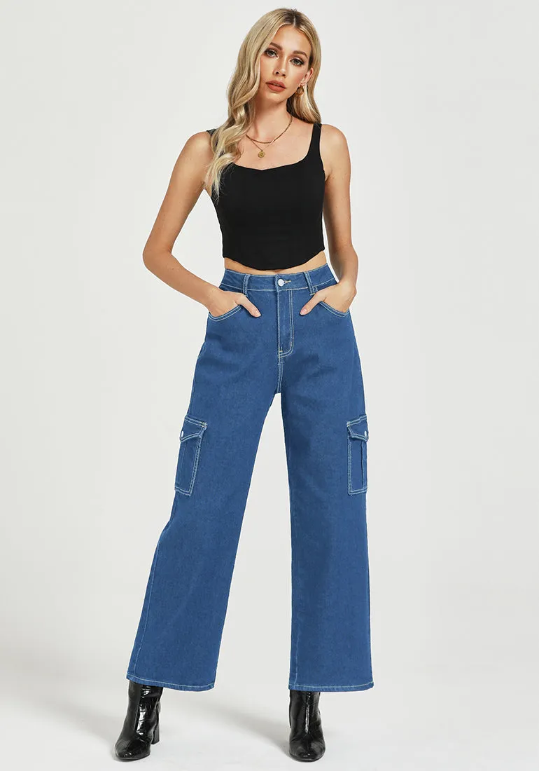 Classic Blue Women's Cargo Denim Relaxed Fit Y2K Wide Leg Pants