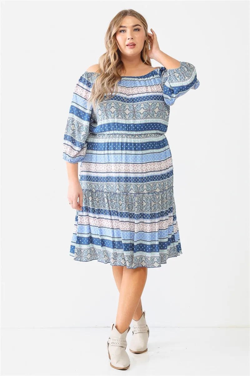 Combo Printed Textured Ruffle Flare Hem Mini Dress Voluptuous ( ) Plus Size - Ships from The US