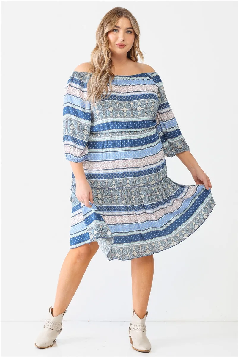 Combo Printed Textured Ruffle Flare Hem Mini Dress Voluptuous ( ) Plus Size - Ships from The US