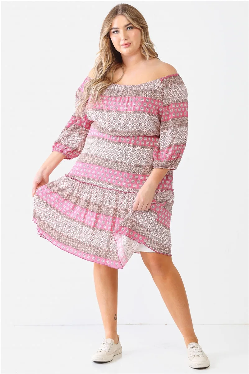 Combo Printed Textured Ruffle Flare Hem Mini Dress Voluptuous ( ) Plus Size - Ships from The US