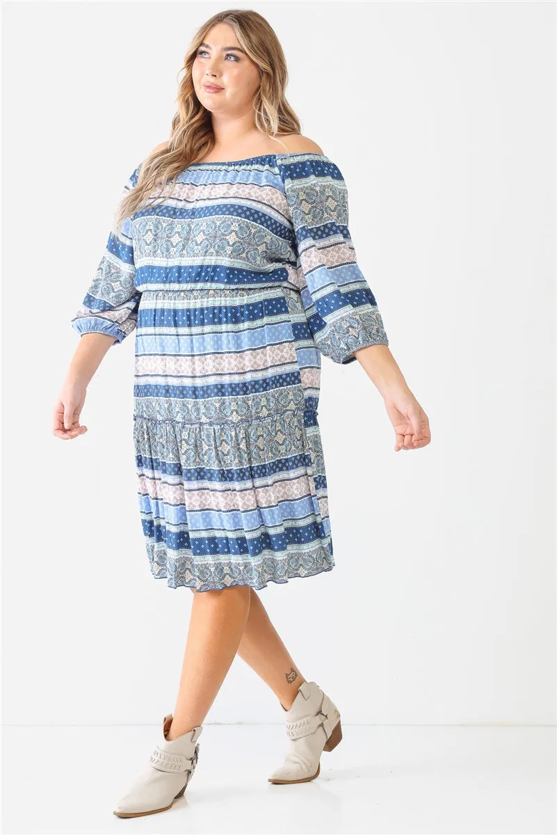 Combo Printed Textured Ruffle Flare Hem Mini Dress Voluptuous ( ) Plus Size - Ships from The US