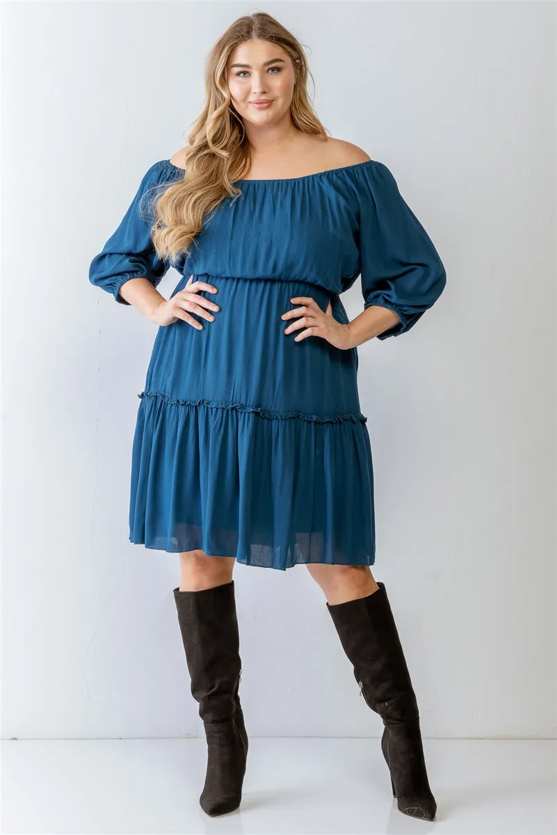 Combo Printed Textured Ruffle Flare Hem Mini Dress Voluptuous ( ) Plus Size - Ships from The US