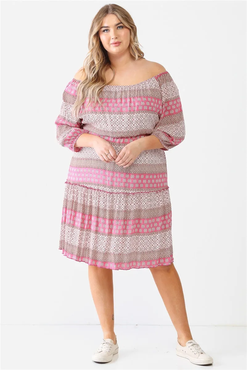 Combo Printed Textured Ruffle Flare Hem Mini Dress Voluptuous ( ) Plus Size - Ships from The US