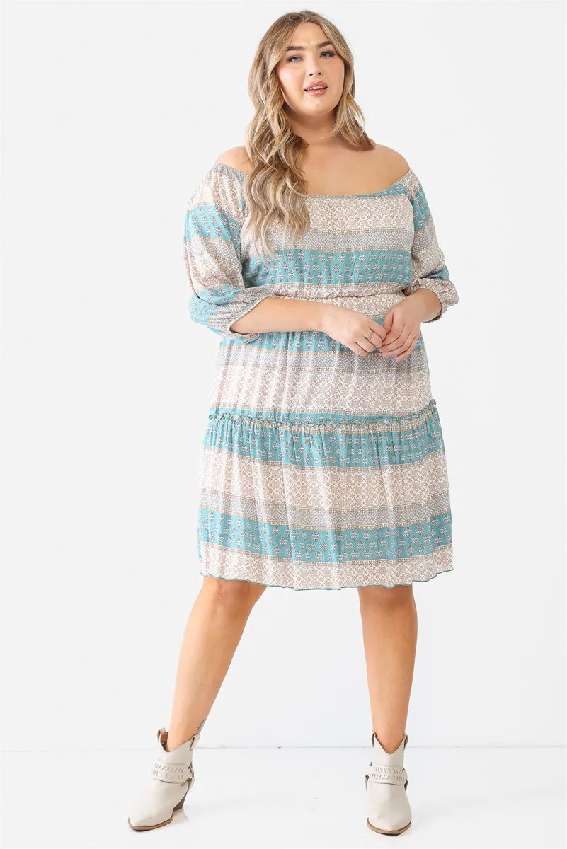 Combo Printed Textured Ruffle Flare Hem Mini Dress Voluptuous ( ) Plus Size - Ships from The US