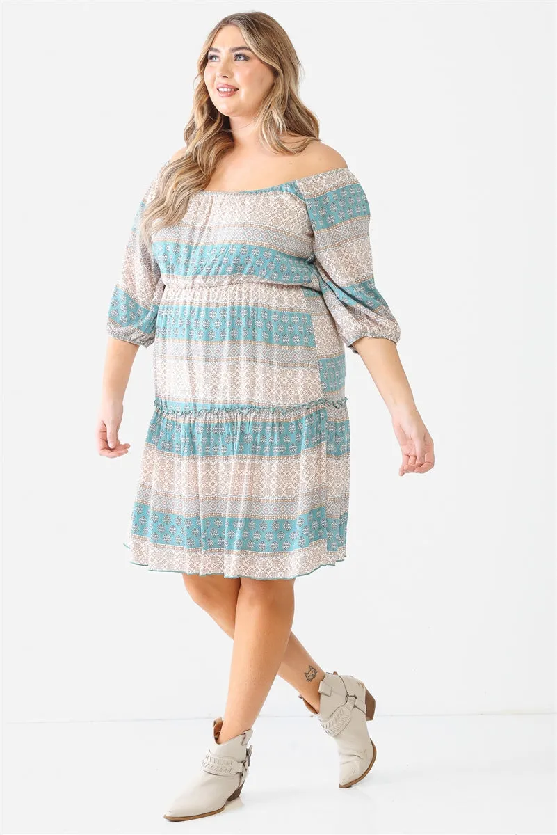 Combo Printed Textured Ruffle Flare Hem Mini Dress Voluptuous ( ) Plus Size - Ships from The US