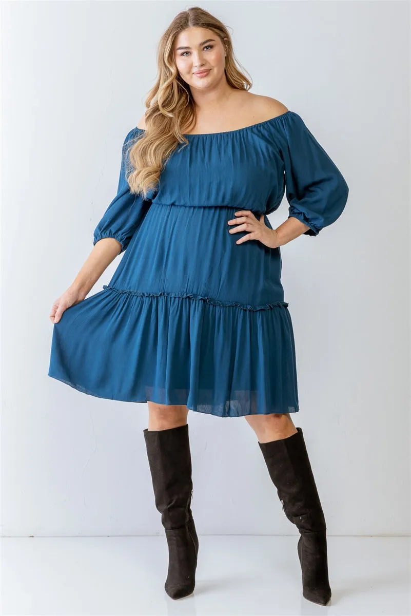 Combo Printed Textured Ruffle Flare Hem Mini Dress Voluptuous ( ) Plus Size - Ships from The US