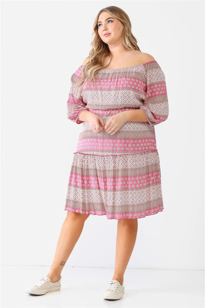 Combo Printed Textured Ruffle Flare Hem Mini Dress Voluptuous ( ) Plus Size - Ships from The US