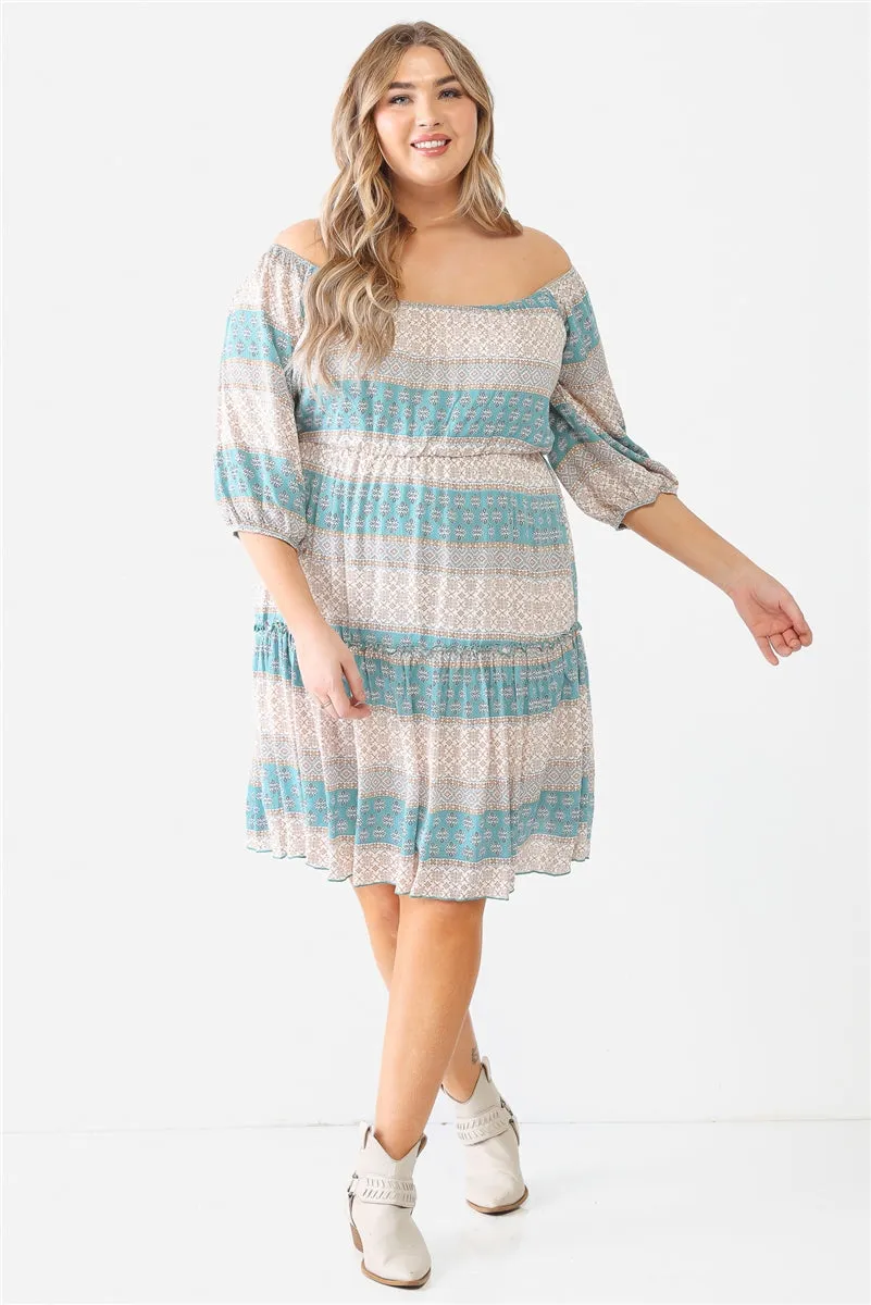 Combo Printed Textured Ruffle Flare Hem Mini Dress Voluptuous ( ) Plus Size - Ships from The US