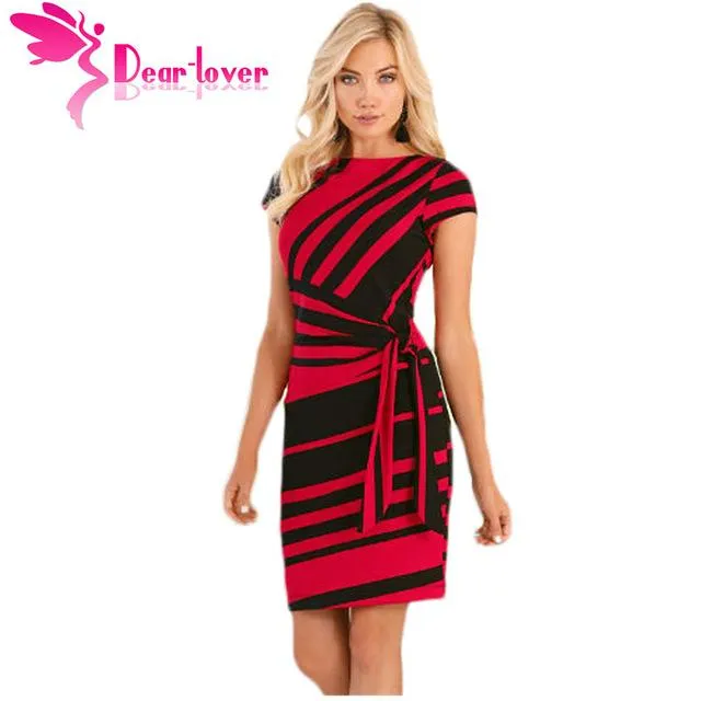 Dear Lover work dresses women 2017 Autumn Pencil Red/Black/Navy White Stripe Knot Sheath Party Dress Vestidos Robes Casual 61657