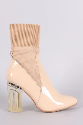 Elasticized Cuff Chunky Lucite Heeled Ankle Boots