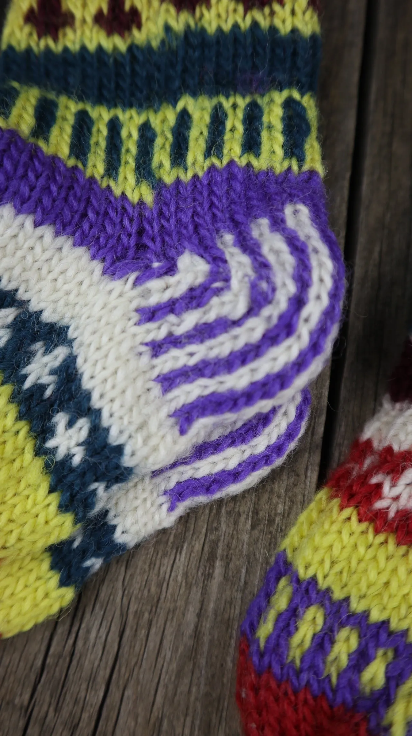 Fair Trade Ethical Children's Woollen Patterned Socks in Purple, Green and Yellow