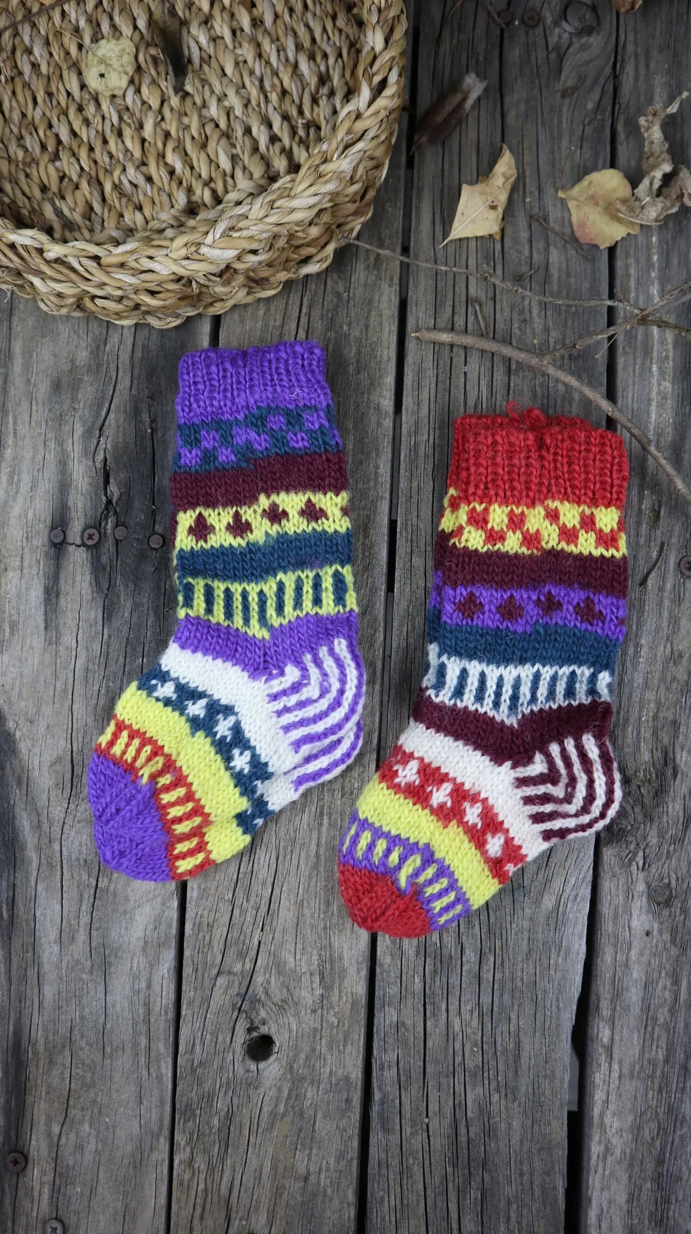 Fair Trade Ethical Children's Woollen Patterned Socks in Purple, Green and Yellow