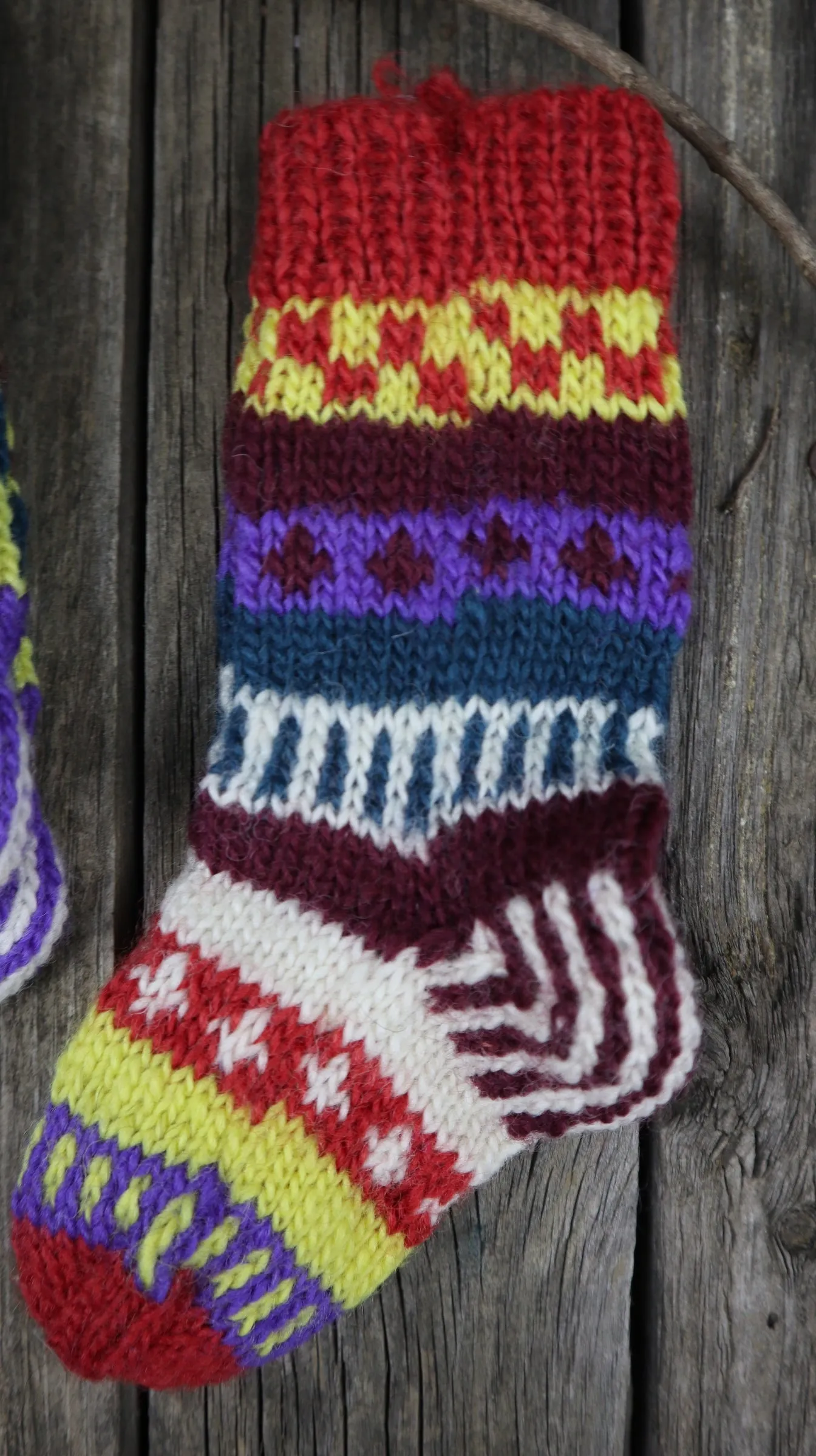 Fair Trade Ethical Children's Woollen Patterned Socks in Purple, Green and Yellow