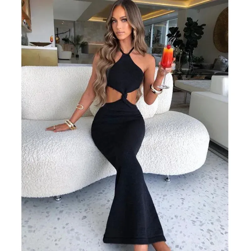 Halter Knitted Backless Summer Temperament Elegant Slim Bodycon Long Midi Dress