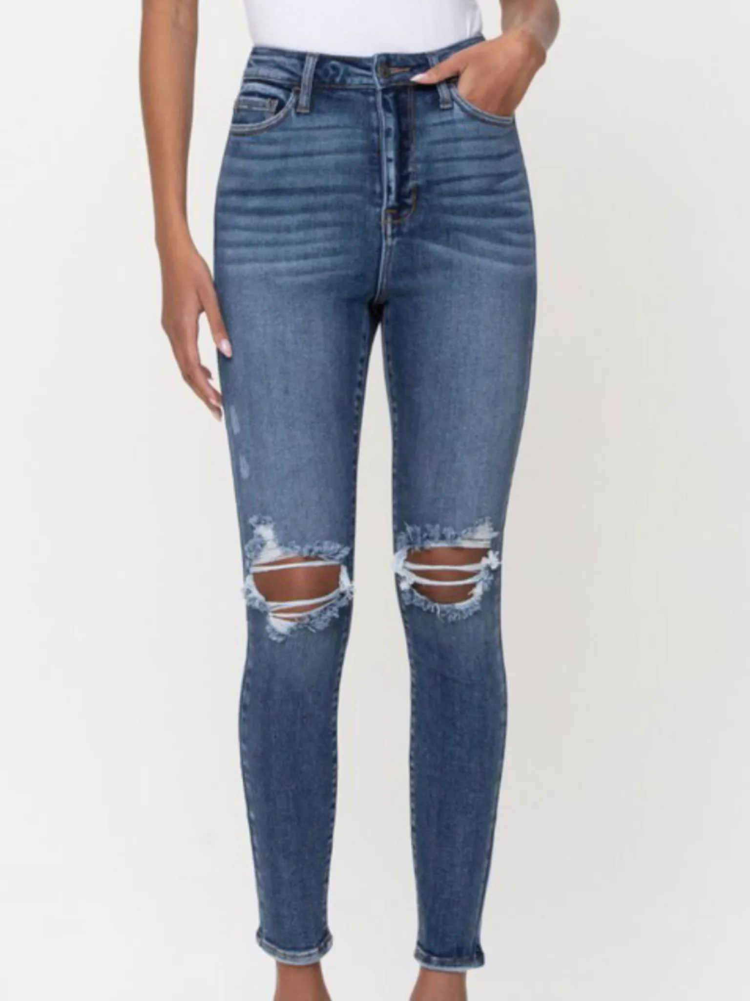 High Rise Destroy Ankle Skinny - Dark Denim