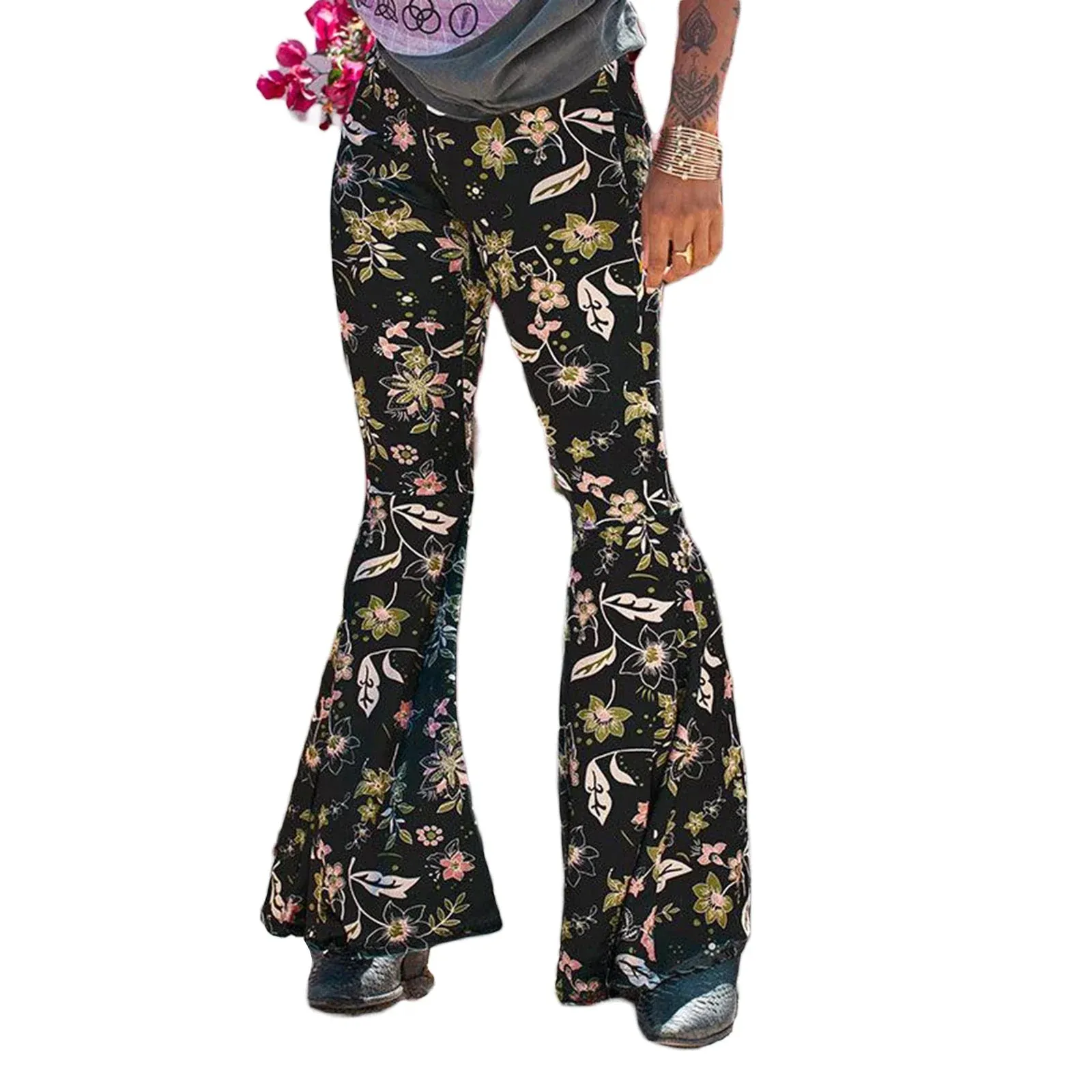 High Waist Lounge Yoga Wide Leg Boho Comfy Stretch Bell Bottom Floral Pants