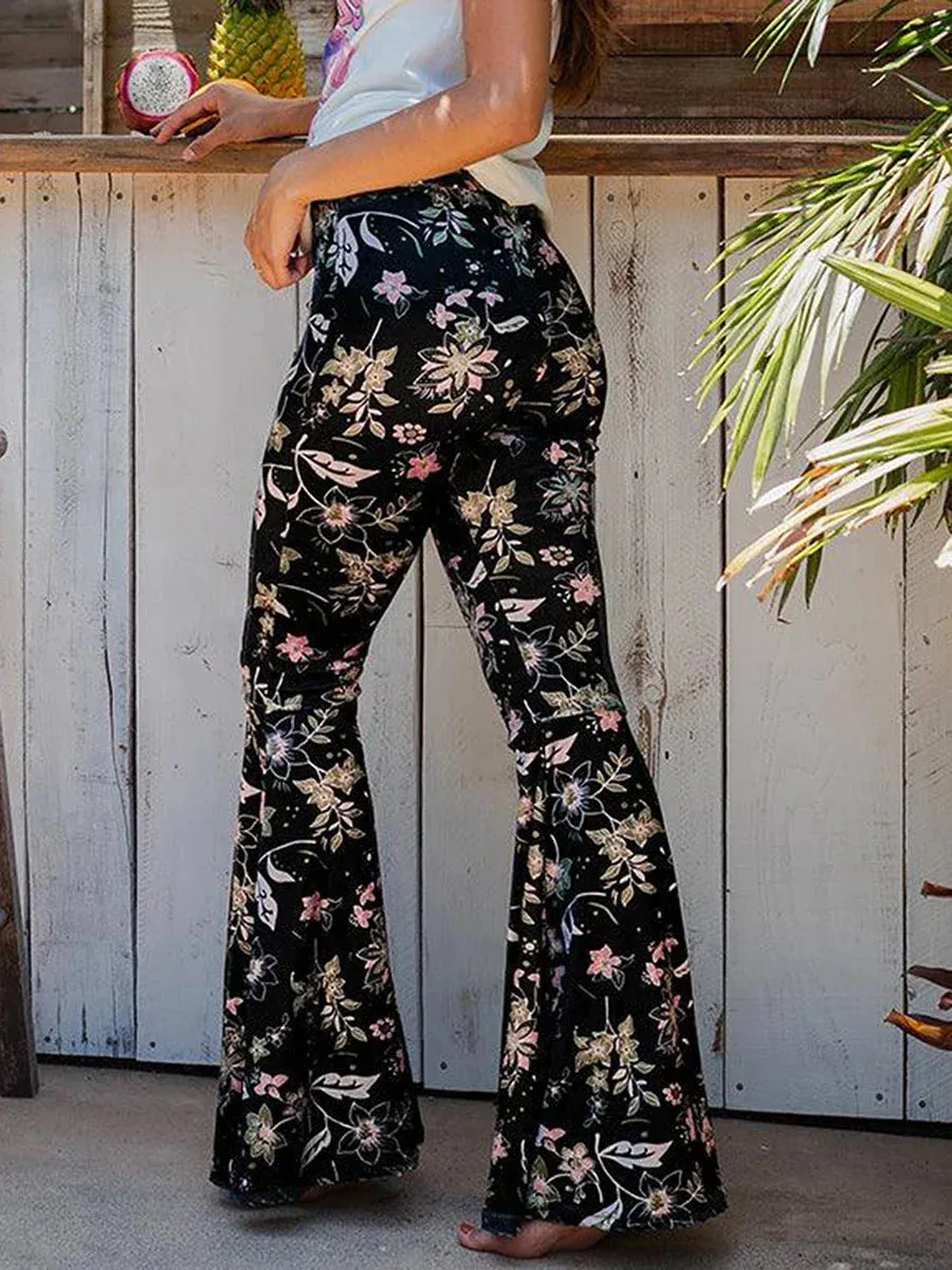 High Waist Lounge Yoga Wide Leg Boho Comfy Stretch Bell Bottom Floral Pants