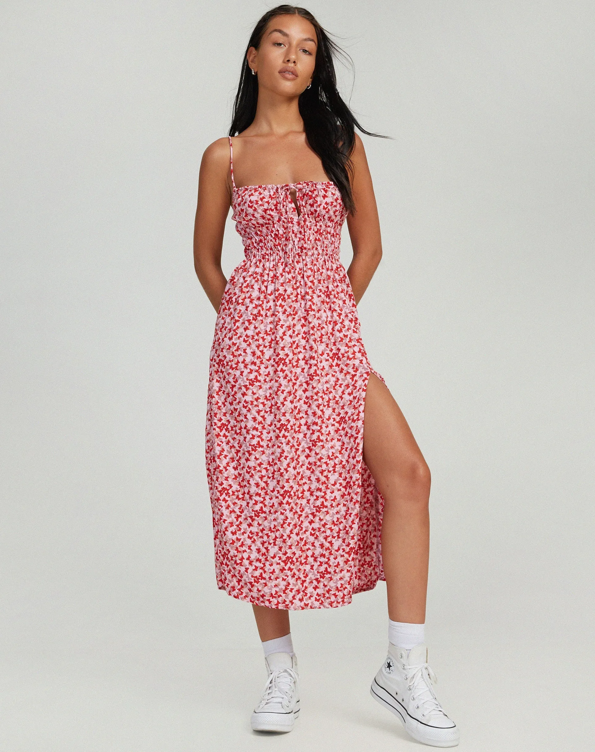 Jeyro Midi Dress in Ditsy Butterfly Peach and Red