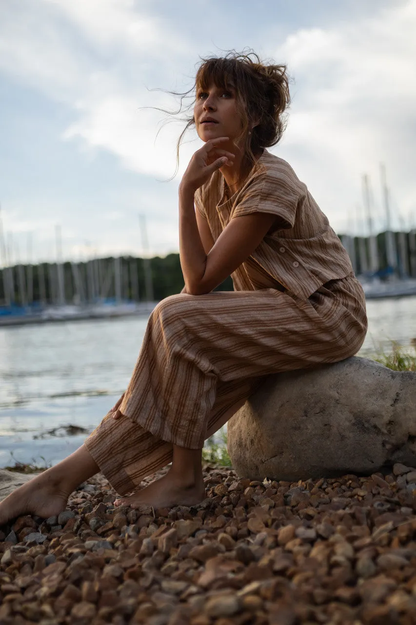 Katie Handwoven Cotton Set in Mustard and Cream Stripe - M Pants and XL Set