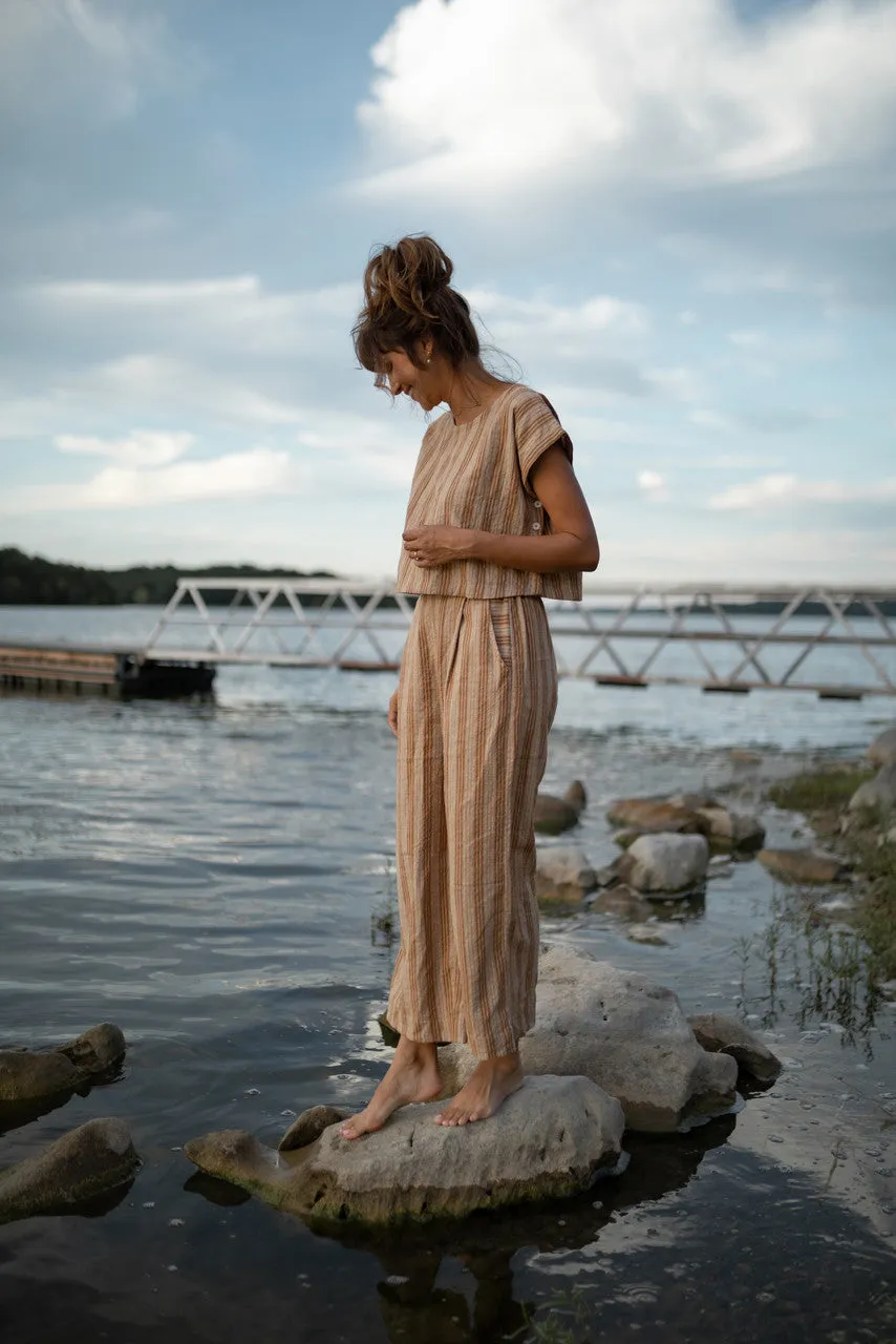 Katie Handwoven Cotton Set in Mustard and Cream Stripe - M Pants and XL Set