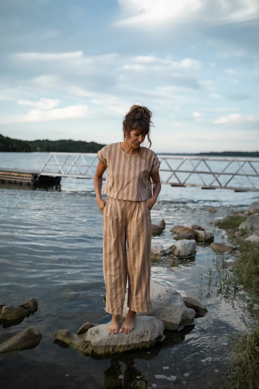 Katie Handwoven Cotton Set in Mustard and Cream Stripe - M Pants and XL Set