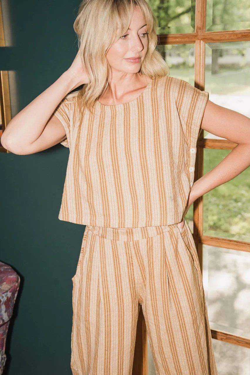 Katie Handwoven Cotton Set in Mustard and Cream Stripe - M Pants and XL Set