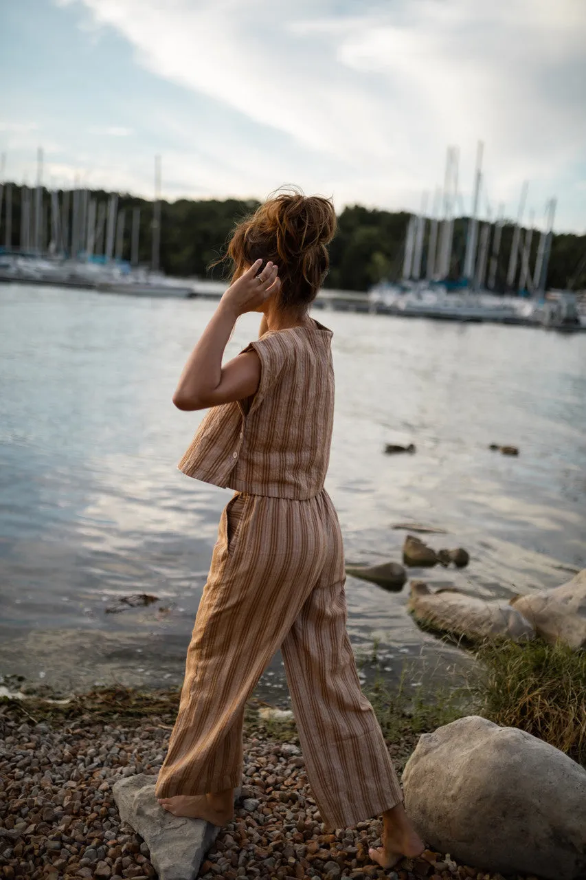 Katie Handwoven Cotton Set in Mustard and Cream Stripe - M Pants and XL Set