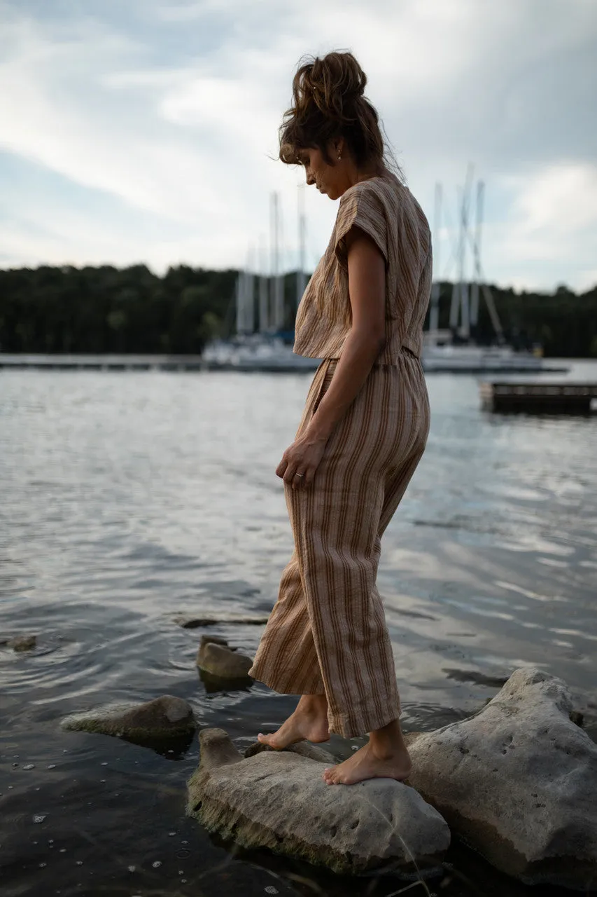 Katie Handwoven Cotton Set in Mustard and Cream Stripe - M Pants and XL Set