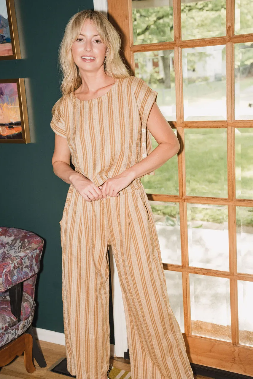 Katie Handwoven Cotton Set in Mustard and Cream Stripe - M Pants and XL Set