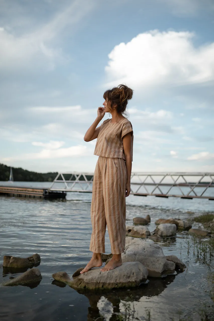 Katie Handwoven Cotton Set in Mustard and Cream Stripe - M Pants and XL Set