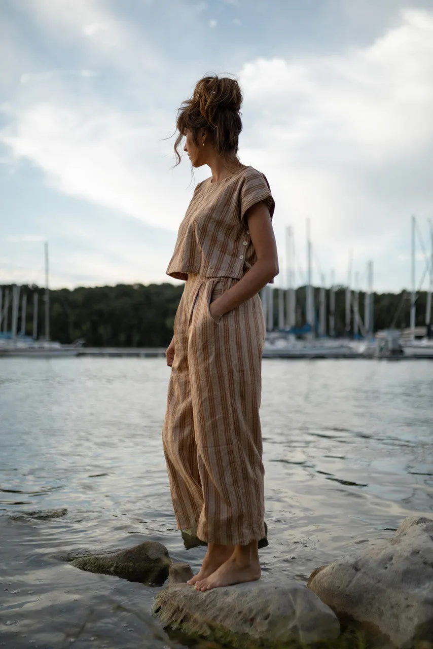 Katie Handwoven Cotton Set in Mustard and Cream Stripe - M Pants and XL Set