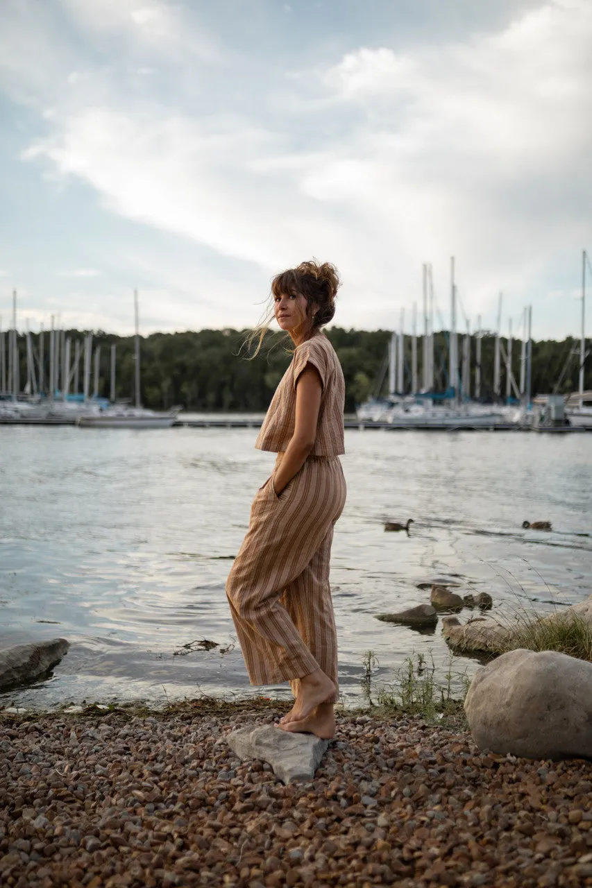 Katie Handwoven Cotton Set in Mustard and Cream Stripe - M Pants and XL Set