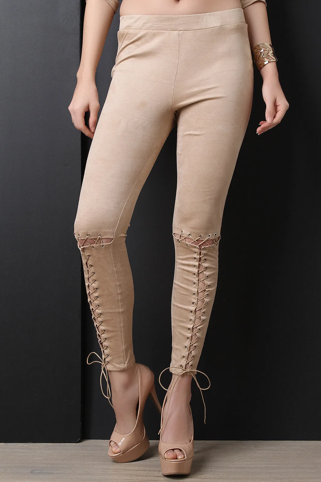 Lace-Up Vegan Suede Legging Pants