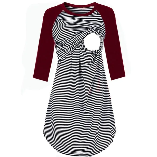 Long Sleeve Stripe Maternity Nursing Dress