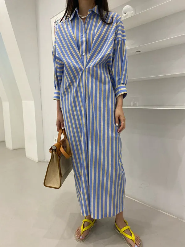 Long Sleeves Loose Buttoned Contrast Color Pockets Striped Lapel Midi Dresses Shirt Dress