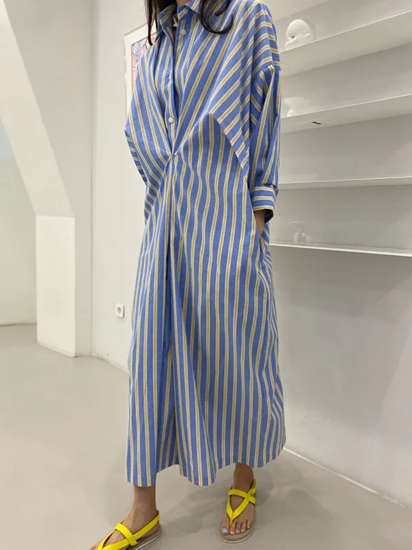 Long Sleeves Loose Buttoned Contrast Color Pockets Striped Lapel Midi Dresses Shirt Dress