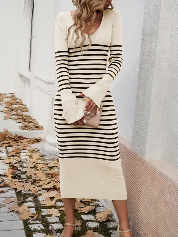 Long Sleeves Loose Contrast Color Striped V-Neck Midi Dresses Sweater Dresses