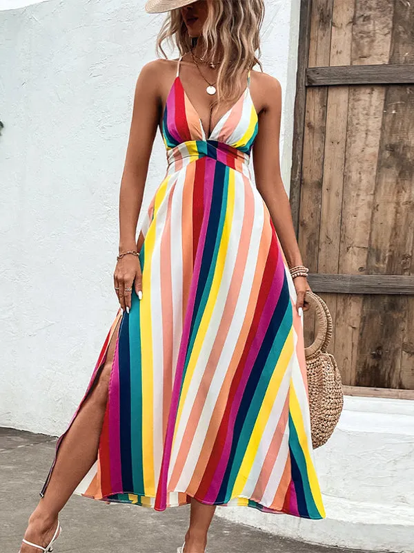 Loose Sleeveless Contrast Color Striped Spaghetti-Neck Midi Dresses