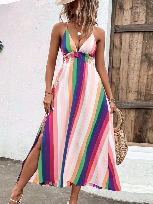 Loose Sleeveless Contrast Color Striped Spaghetti-Neck Midi Dresses